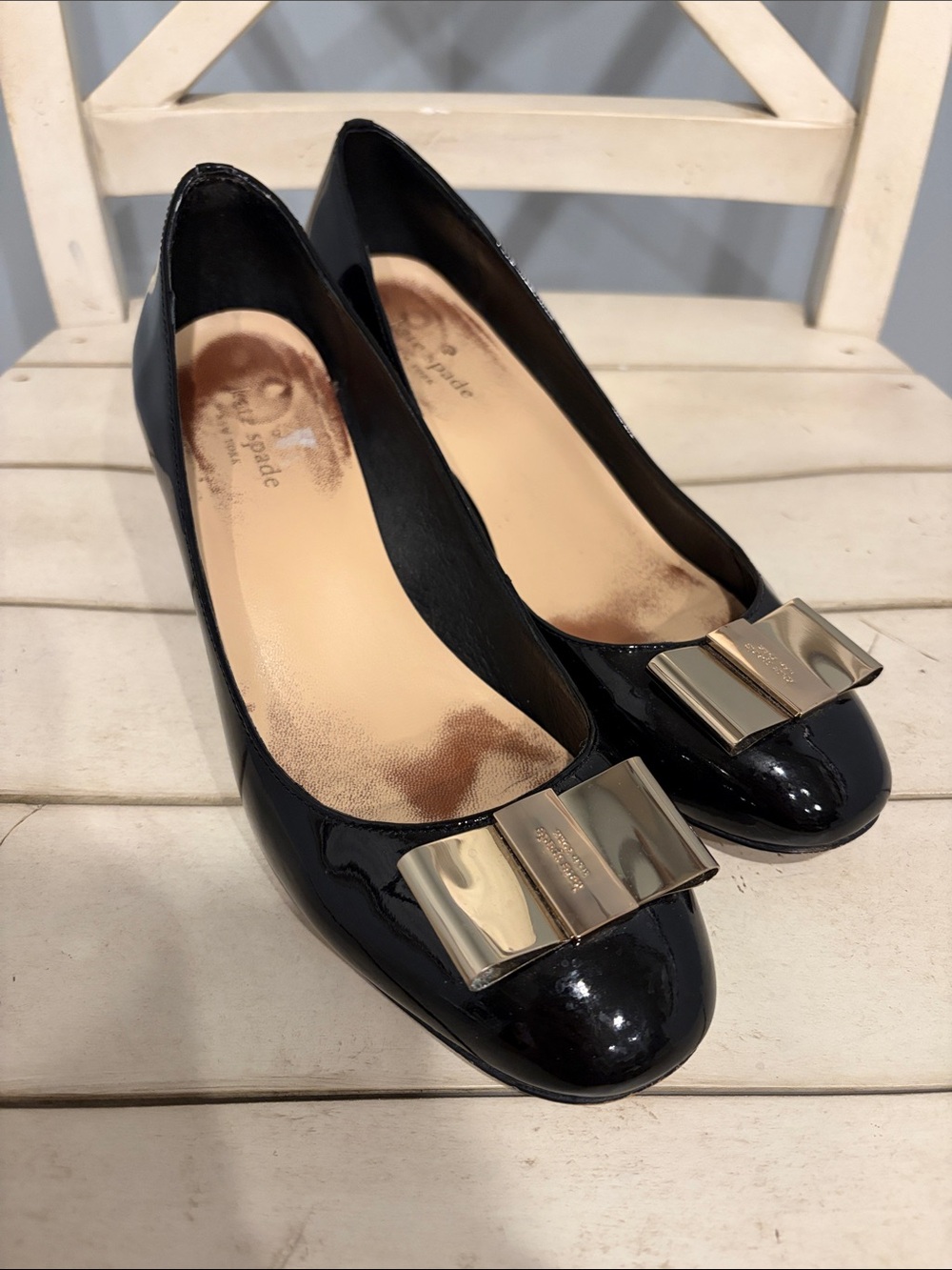 kate spade Black Patent Leather Bow Flats with Gold Accent